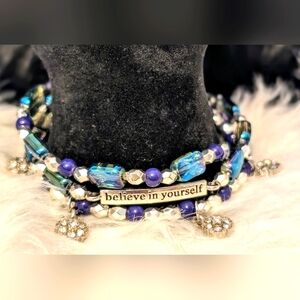 Handmade "Believe in Yourself" Stacked Bracelets (3) (Rhinestone Charms)